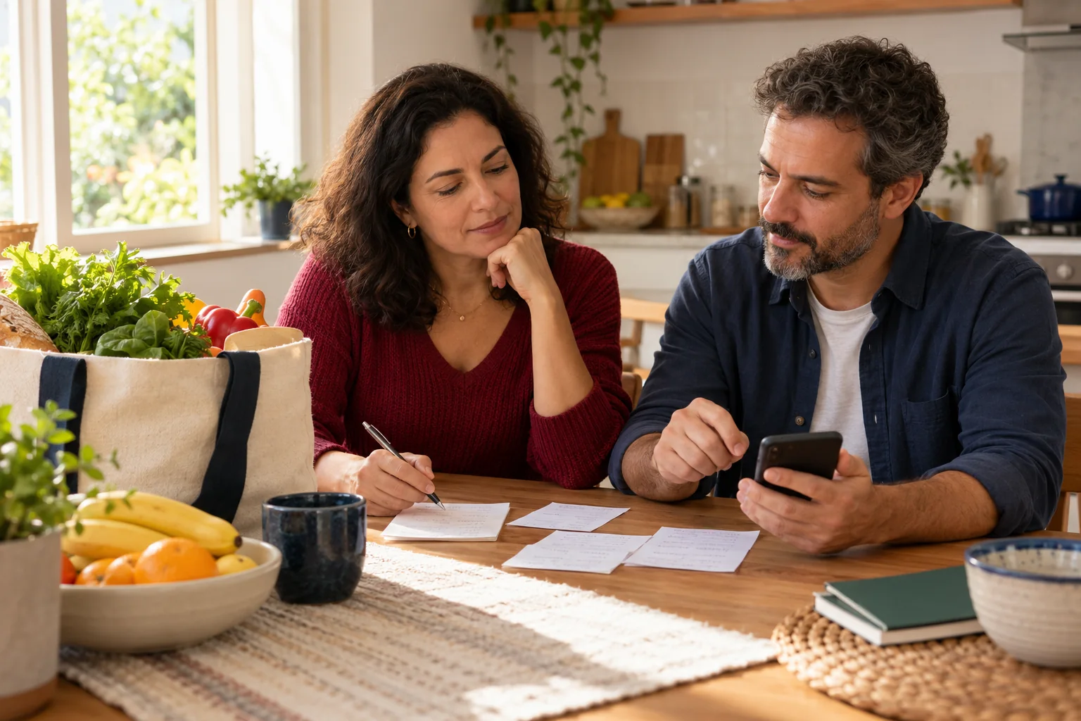Cena editorial de um casal planejando compras em uma mesa de cozinha, com alimentos, celular e anotações.